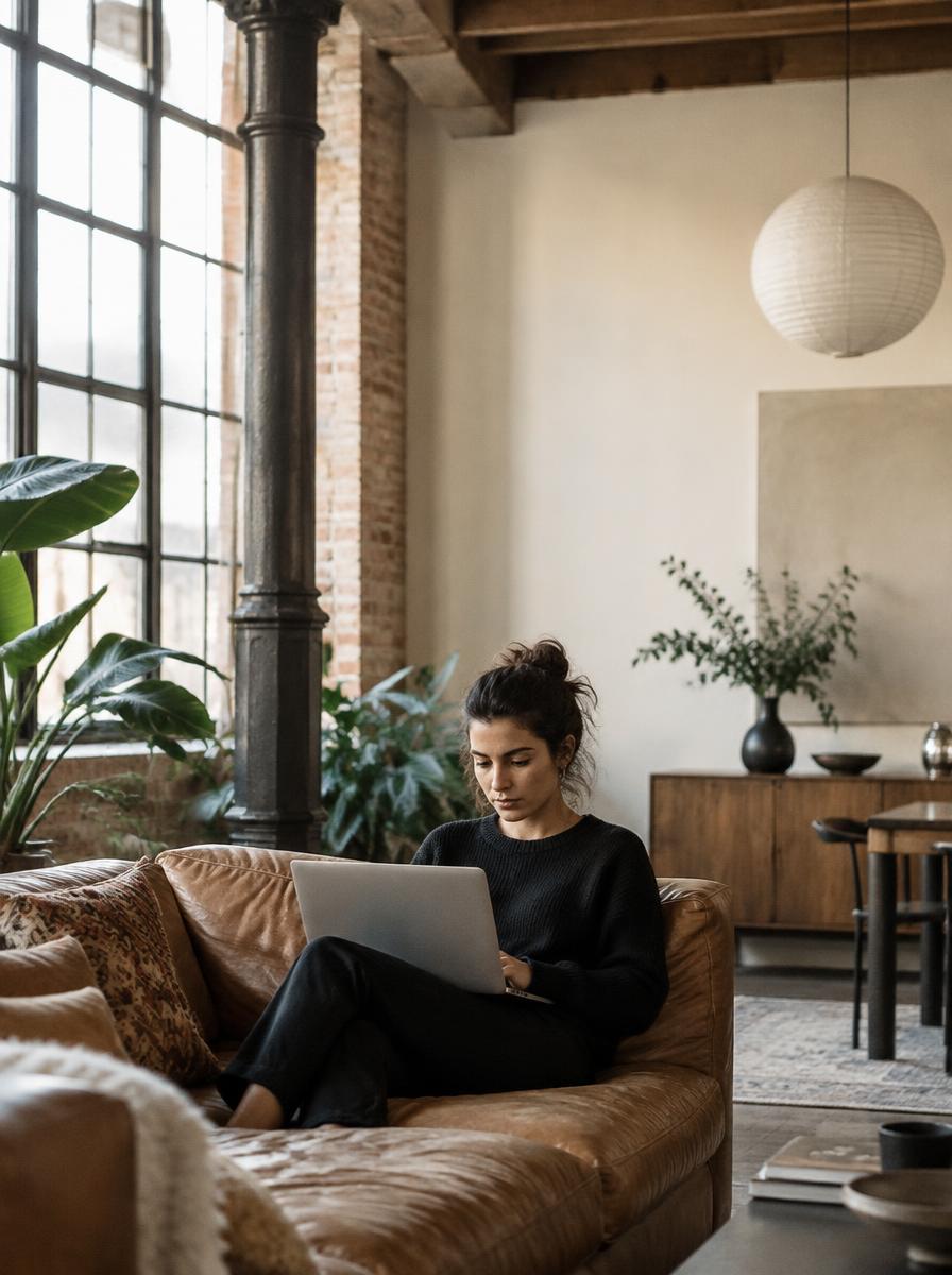 Someone working on a laptop on a leather sofa beside a cast iron column
